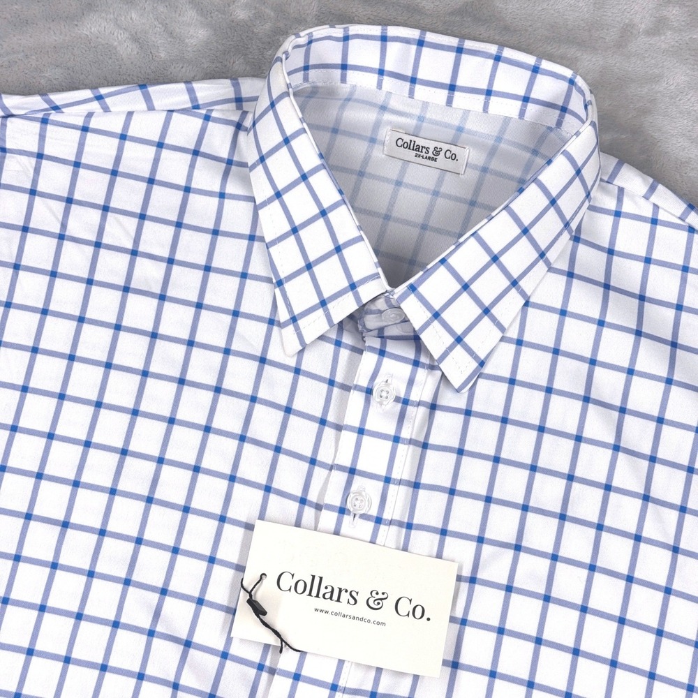 COLLARS & CO Dress Collar Polo Mens 2XL White Blue Tattersall Check Stretch NWT